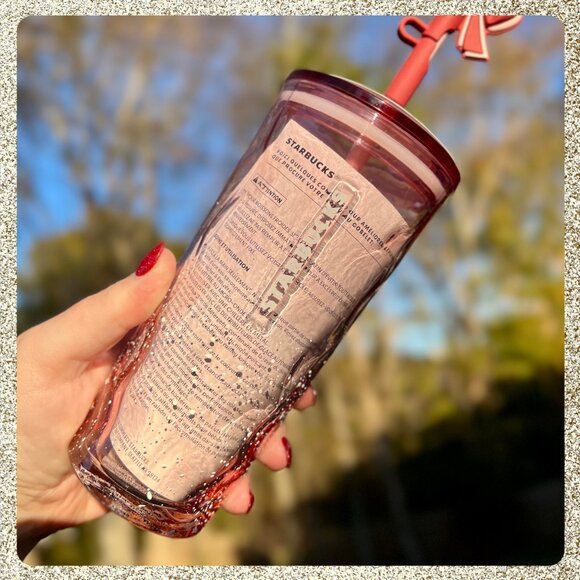 🎄🎀 NWT Starbucks 2025 Holiday Pink/Mauve Speckled Glass Tumbler w/ Bow Topper - Picture 6 of 10